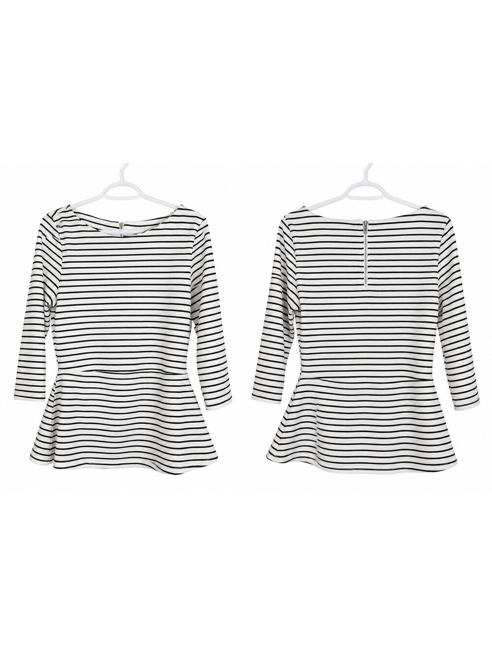 White House Black Market Women’s M Black White Striped Peplum Top 3/4 Sleeve